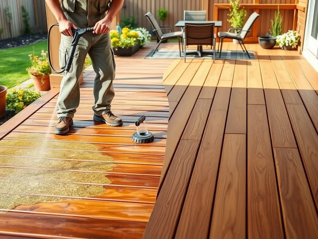 A technician pressure washing a wooden deck, removing dirt and algae, with before-and-after sections clearly visible, showcasing the restoration of the wood's natural color and texture.