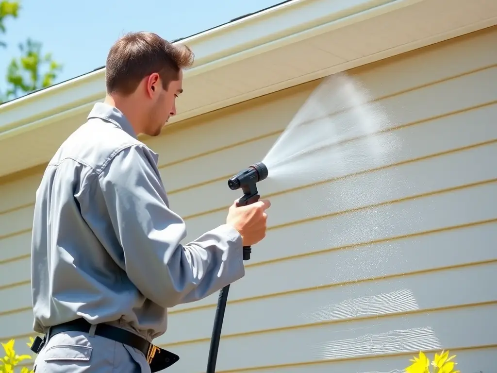 A soft washing setup being used on a residential roof, with gentle streams of cleaning solution being applied to remove algae and moss, without the high pressure that could damage shingles.