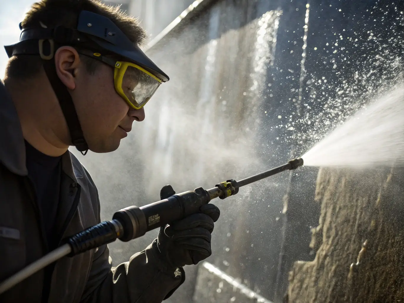 A professional power washing technician using a high-pressure wand to clean a heavily soiled concrete driveway, removing years of accumulated dirt and grime, with a clear visual contrast between the cleaned and uncleaned areas.
